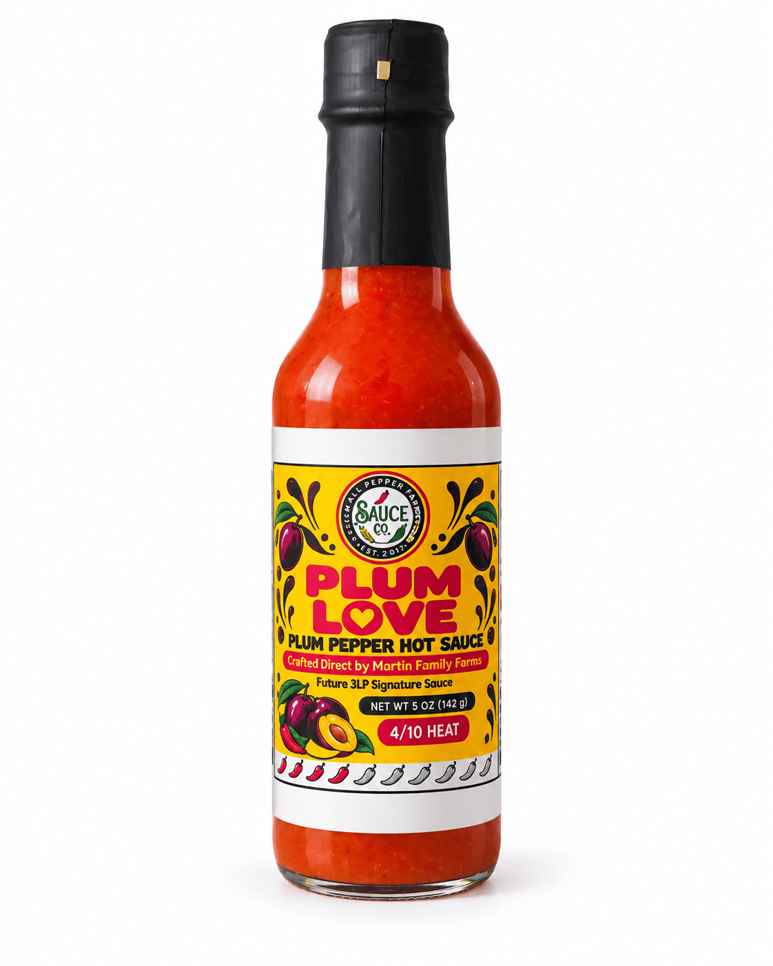 Bottle of Plum Love plum pepper hot sauce from the Three Little Peppers Flavor Lab