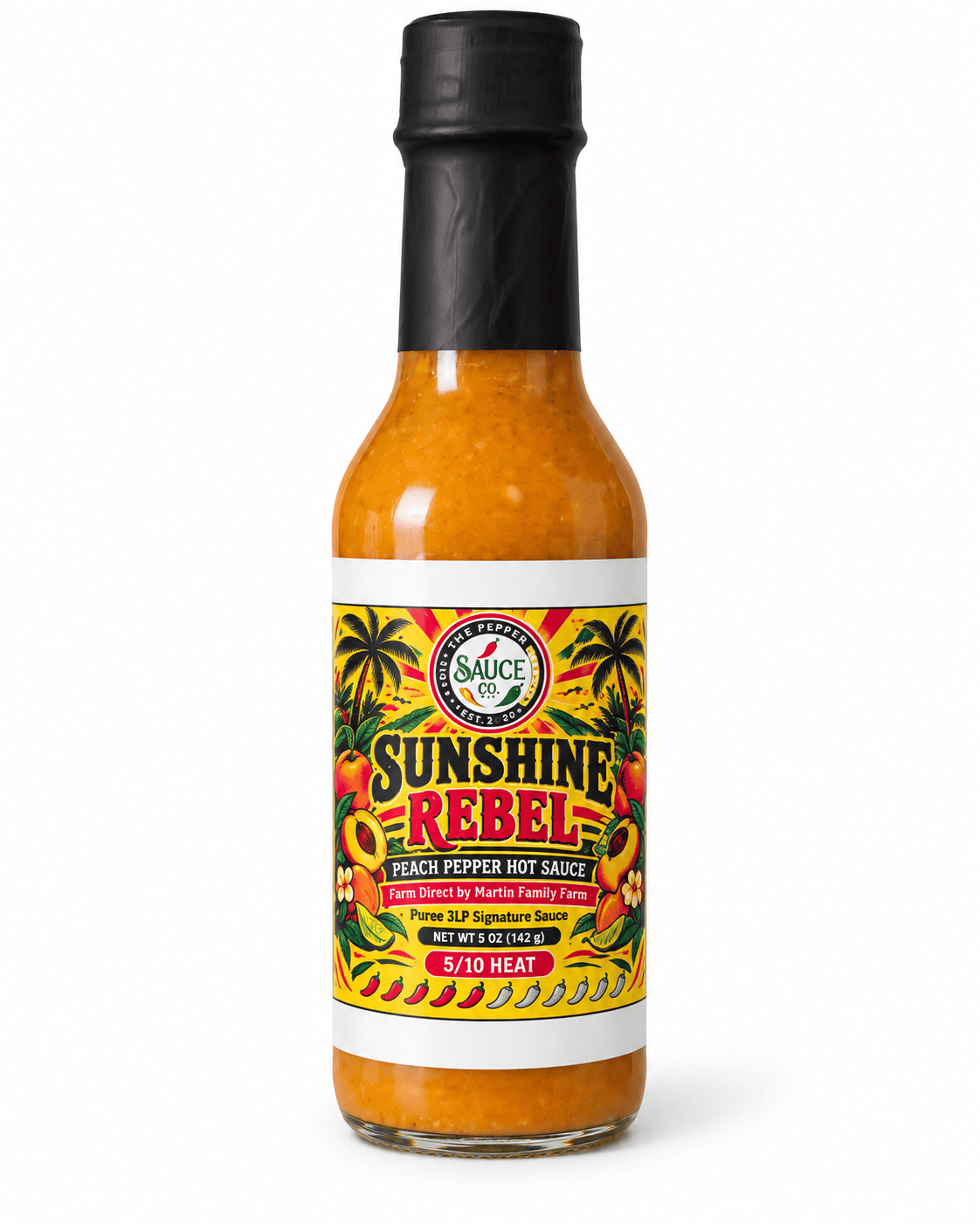 Bottle of Sunshine Rebel peach pepper hot sauce from the Three Little Peppers Flavor Lab